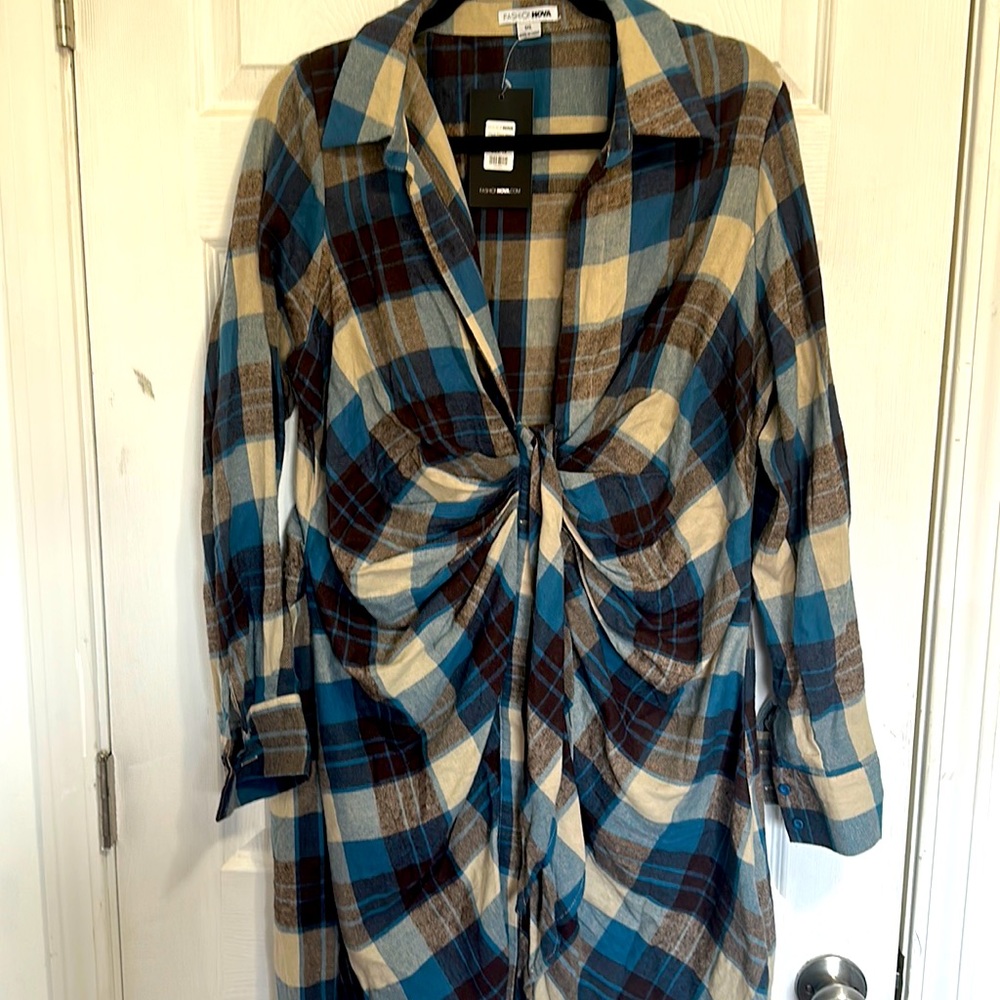 Plaid blue, black and gray, mid thigh dress from fashion nova